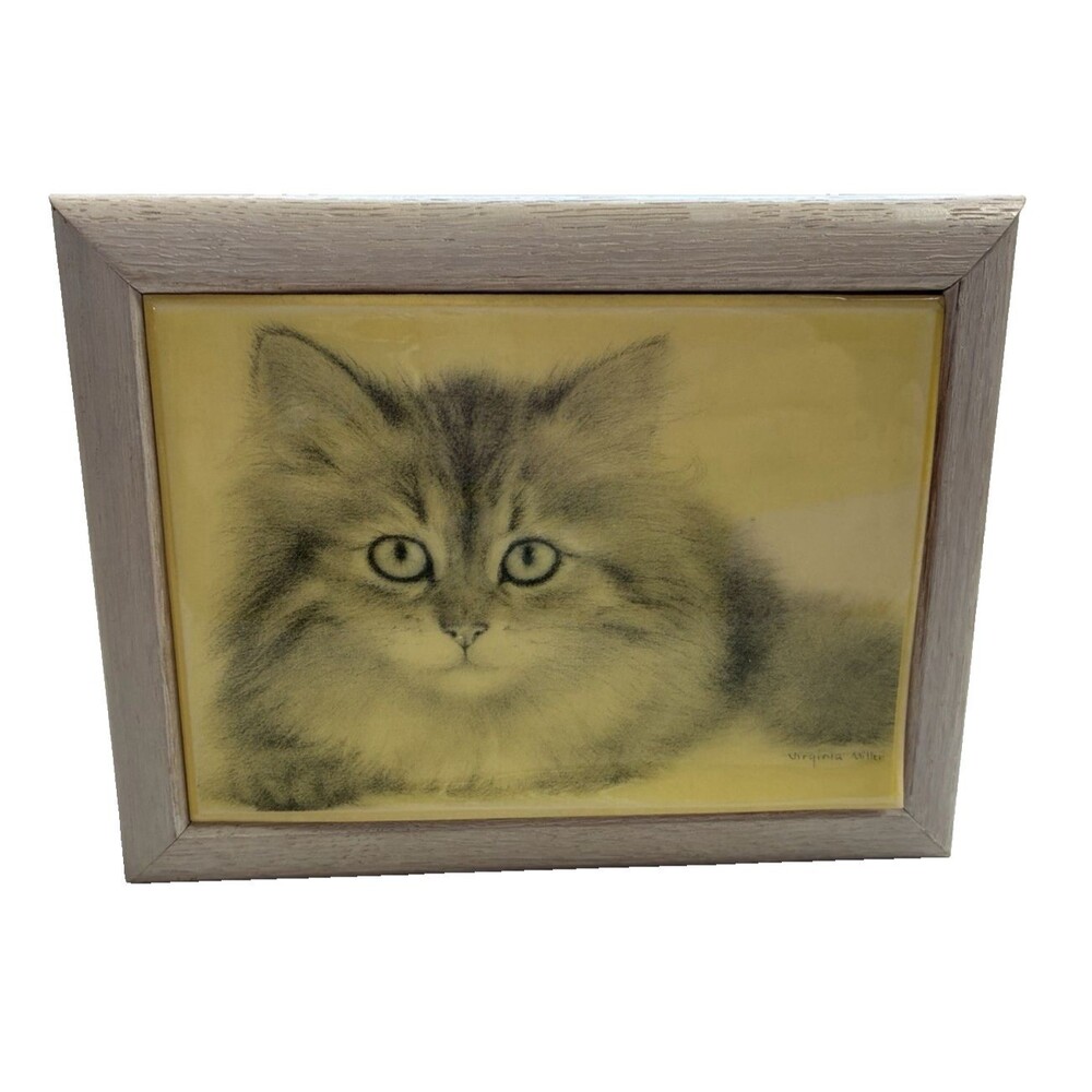 Virginia Miller Cat Jewelry Box Wood Burgundy Velvet San Francisco Music Box Co
